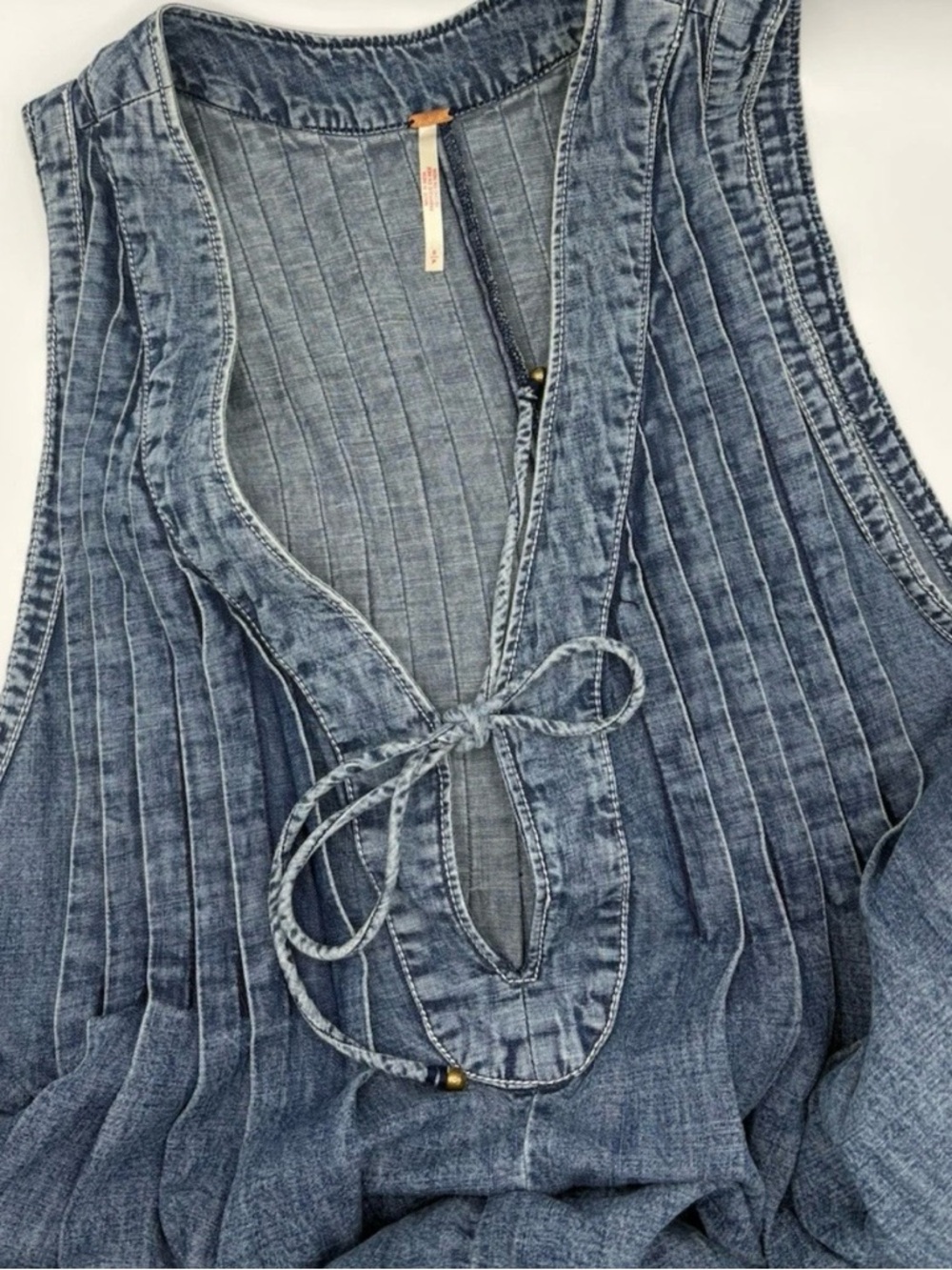 Free People Denim Webster Romper Blue  Women's Small Sleeveless Pintuck - Picture 12 of 16